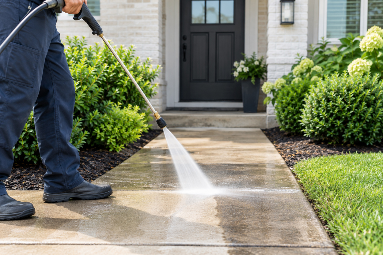 Pressure washing crew cleaning a concrete driveway